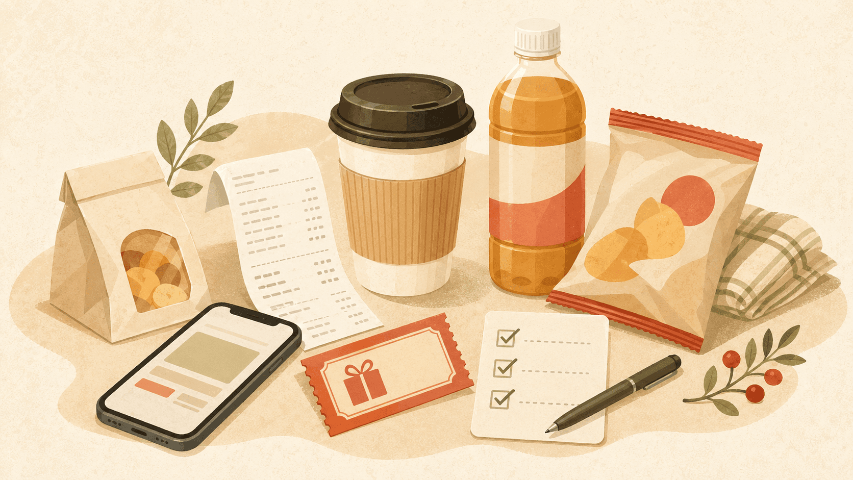 コーヒーカップ、レシート、スマートフォン、クーポン風カードを組み合わせたコンビニキャンペーンのイメージ