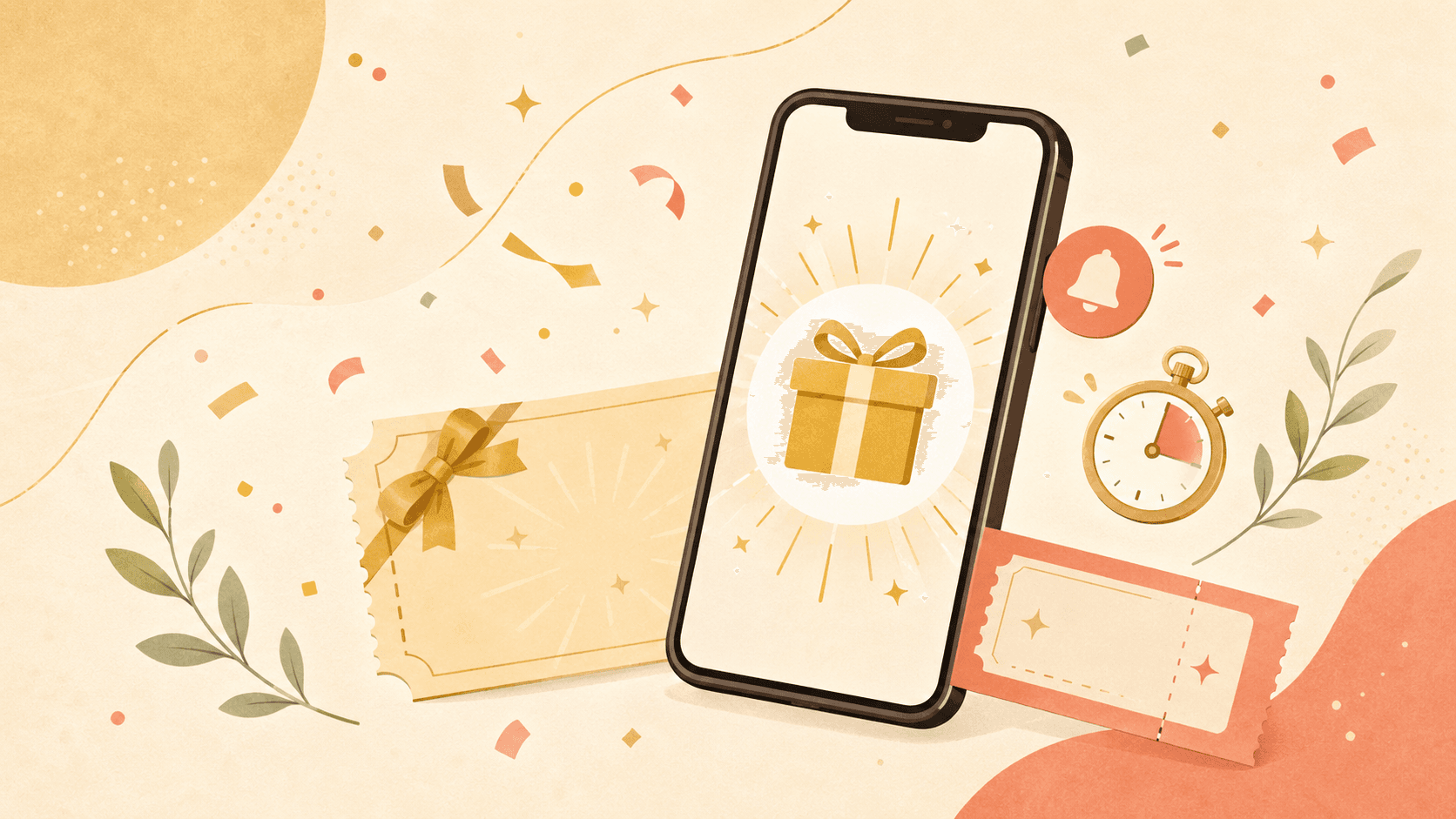スマートフォン、チケット、通知アイコン、ギフトモチーフを組み合わせたその場で当たるキャンペーンのイメージ