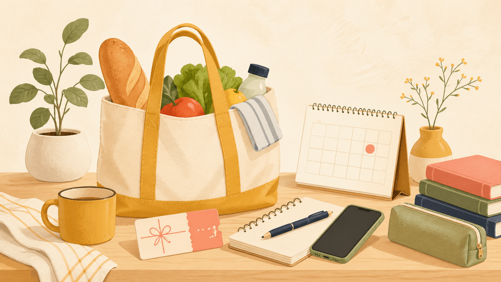 買い物袋、ノート、スマートフォン、ギフトチケットを組み合わせた生活に合う懸賞選びのイメージ