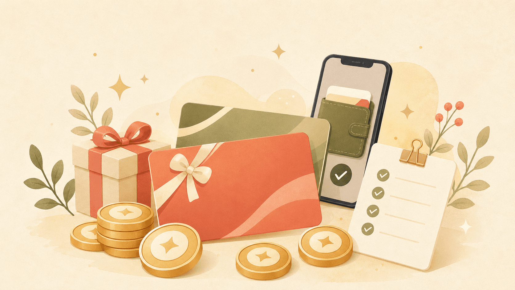 ギフトカード、ポイントトークン、スマートフォン、リボンを組み合わせたポイント懸賞のイメージ