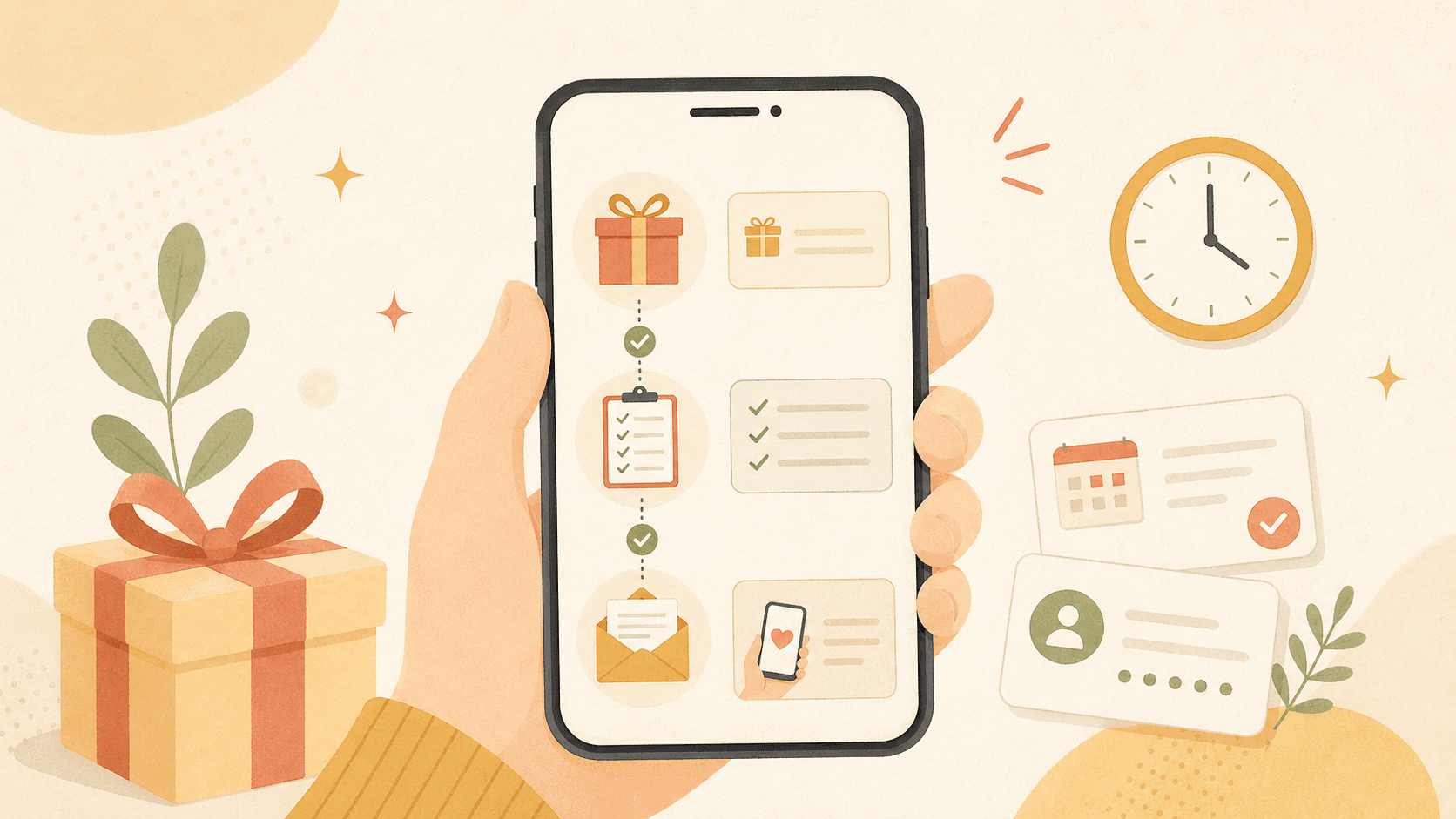 スマートフォン、時計、ギフトアイコン、チェックリストを組み合わせた今日締切ガイドのイメージ