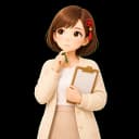 ペンとクリップボードを持って考えるキャラクター『ふくみ』