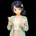 スマートフォンとメモを見比べるキャラクター『はやめ』
