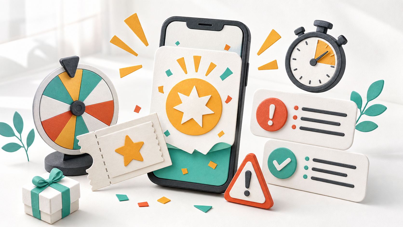 スマートフォン、チケット、通知アイコン、ギフトモチーフを組み合わせたその場で当たるキャンペーンのイメージ